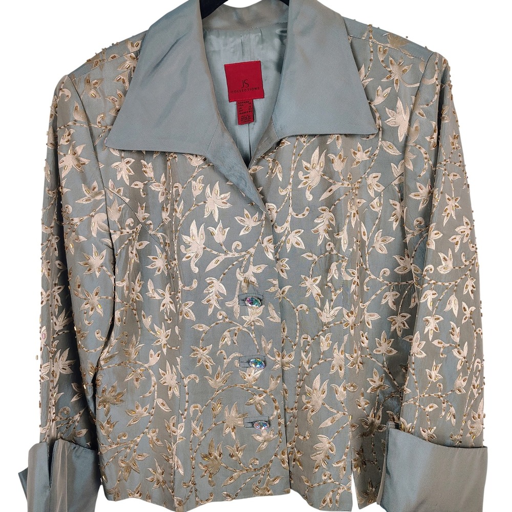 JS Collections Womens SZ 14 Beaded Floral Blazer Sage Blue Silk Formal Gala